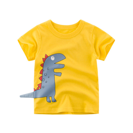 Yellow kids’ t-shirt with blue cartoon dinosaur print, trendy FashionRay clothing