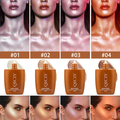 FashionRay bronzing drops shades 01 to 04 shown on models' faces and bottles, highlighting radiant skin.