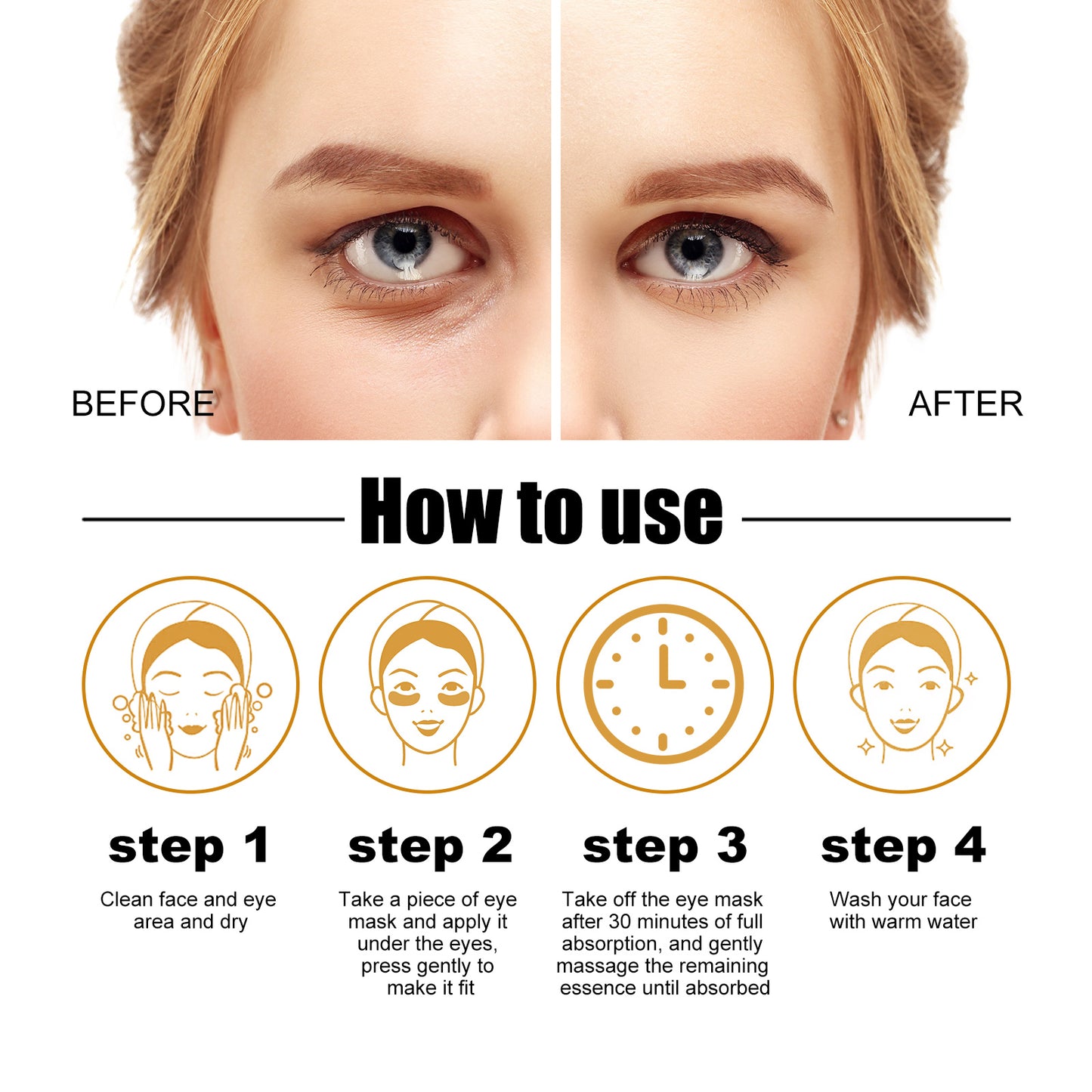 Eye mask before and after results, step-by-step usage instructions, FashionRay skincare guide