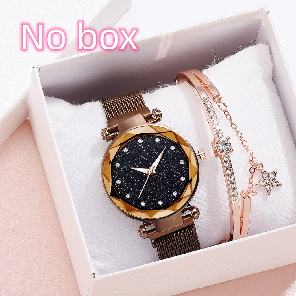 Elegant women's gold mesh watch with starry black dial and rhinestone bracelet in box, FashionRay style