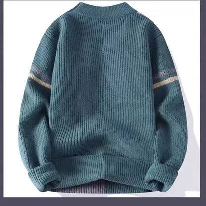 Teal ribbed knit sweater with striped sleeves, cozy fashion style from FashionRay.