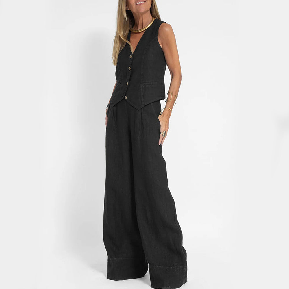 Woman wearing stylish black wide-leg pants and sleeveless vest, FashionRay trendy outfit