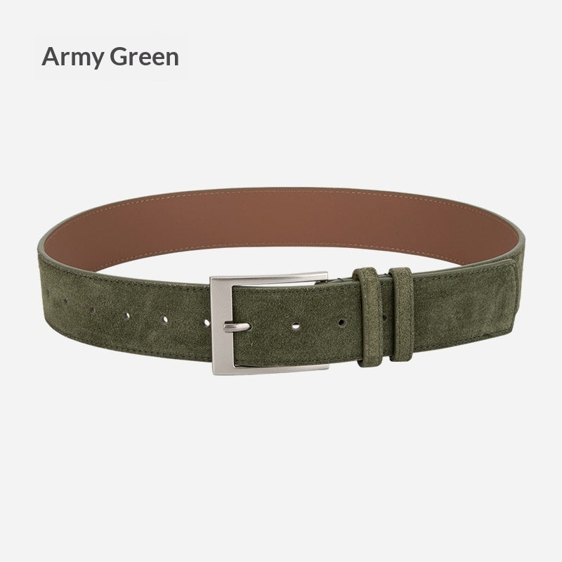 FashionRay army green suede belt with silver buckle, trendy men’s fashion accessory