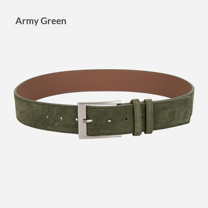 FashionRay army green suede belt with silver buckle, trendy men’s fashion accessory