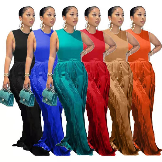 FashionRay women’s sleeveless jumpsuit in black, blue, teal, red, tan, and orange