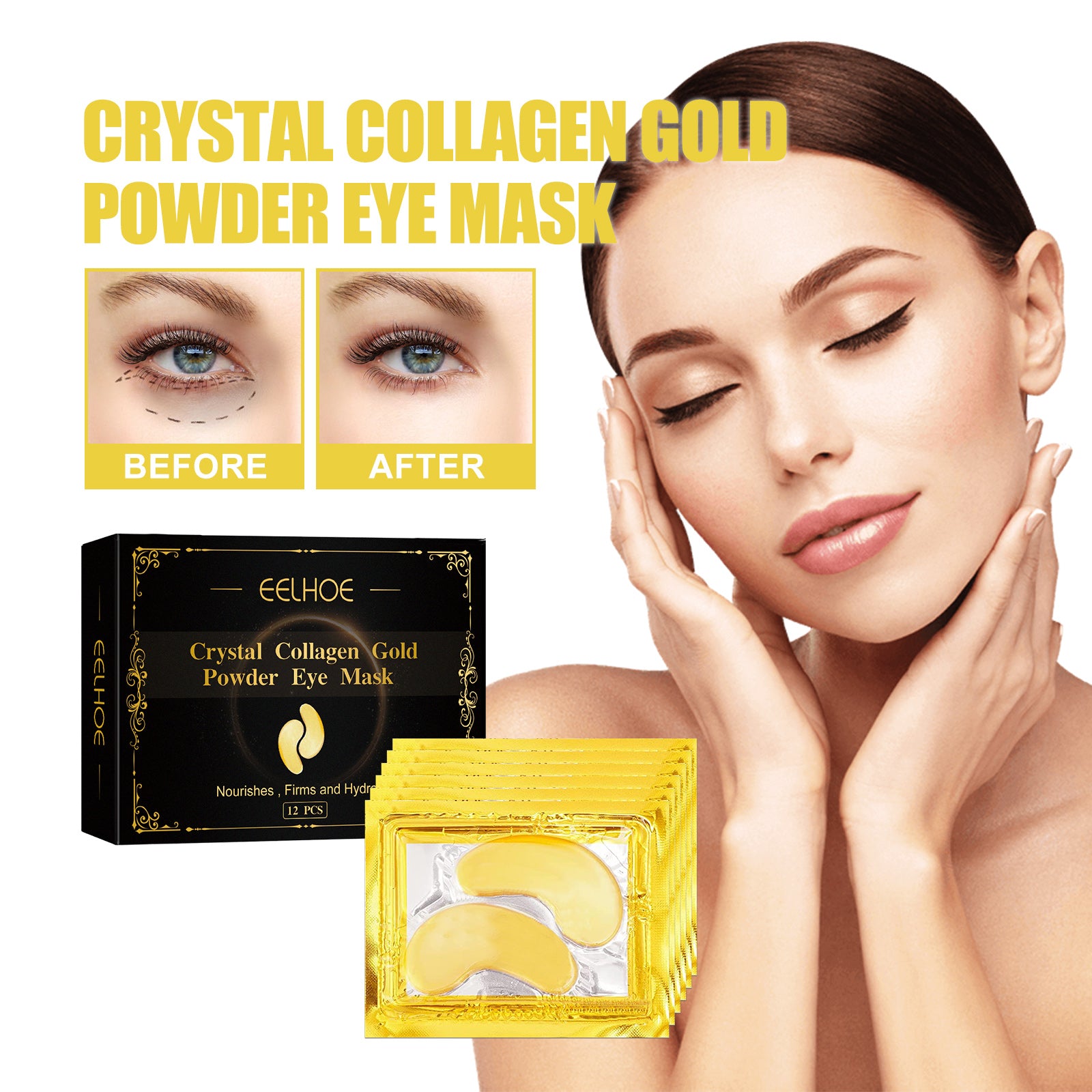 Crystal Collagen Gold Powder Eye Mask packaging, before and after results, model with radiant skin