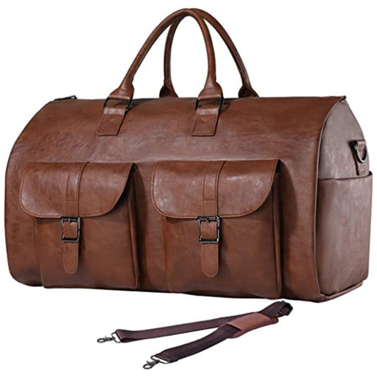 Brown leather duffel bag with dual pockets and detachable strap, FashionRay trendy travel accessory