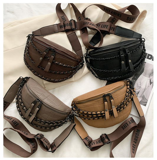 Trendy faux leather chain belt bags in brown, black, beige, and tan on FashionRay display