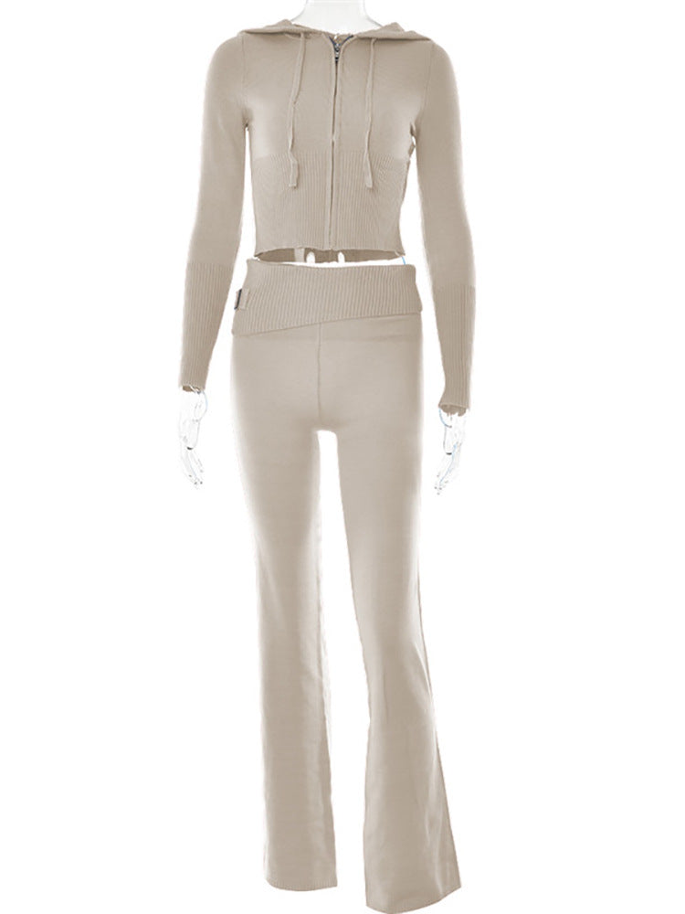 Beige knit two-piece set with zip-up hoodie and high-waisted pants on FashionRay mannequin