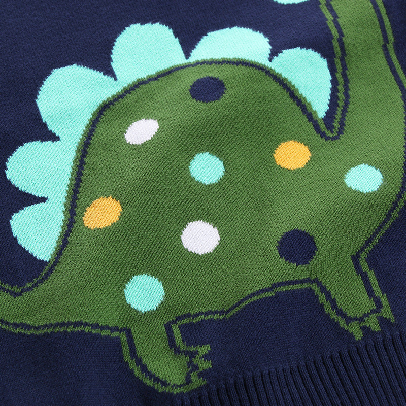 Colorful dinosaur graphic sweater detail, FashionRay playful kids fashion, navy and green knit