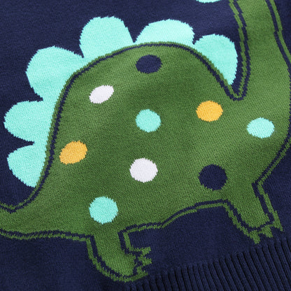 Colorful dinosaur graphic sweater detail, FashionRay playful kids fashion, navy and green knit