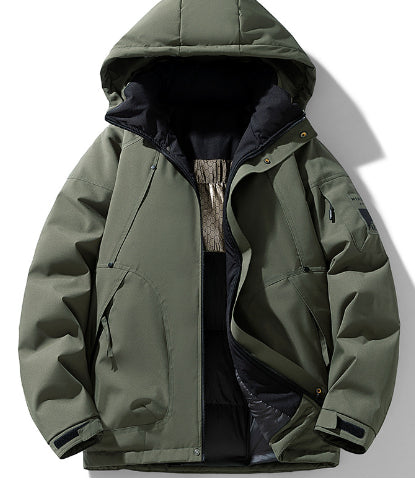 Men's olive green hooded winter jacket with black lining from FashionRay
