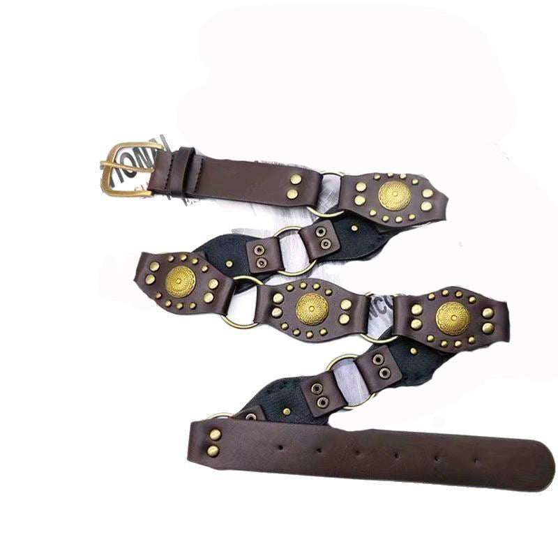 Brown leather belt with gold round studs and vintage rings, FashionRay accessory