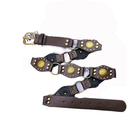 Brown leather belt with gold round studs and vintage rings, FashionRay accessory