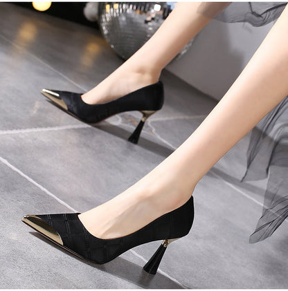 FashionRay black pointed toe heels with gold accents and stylish flared heels on tiled floor