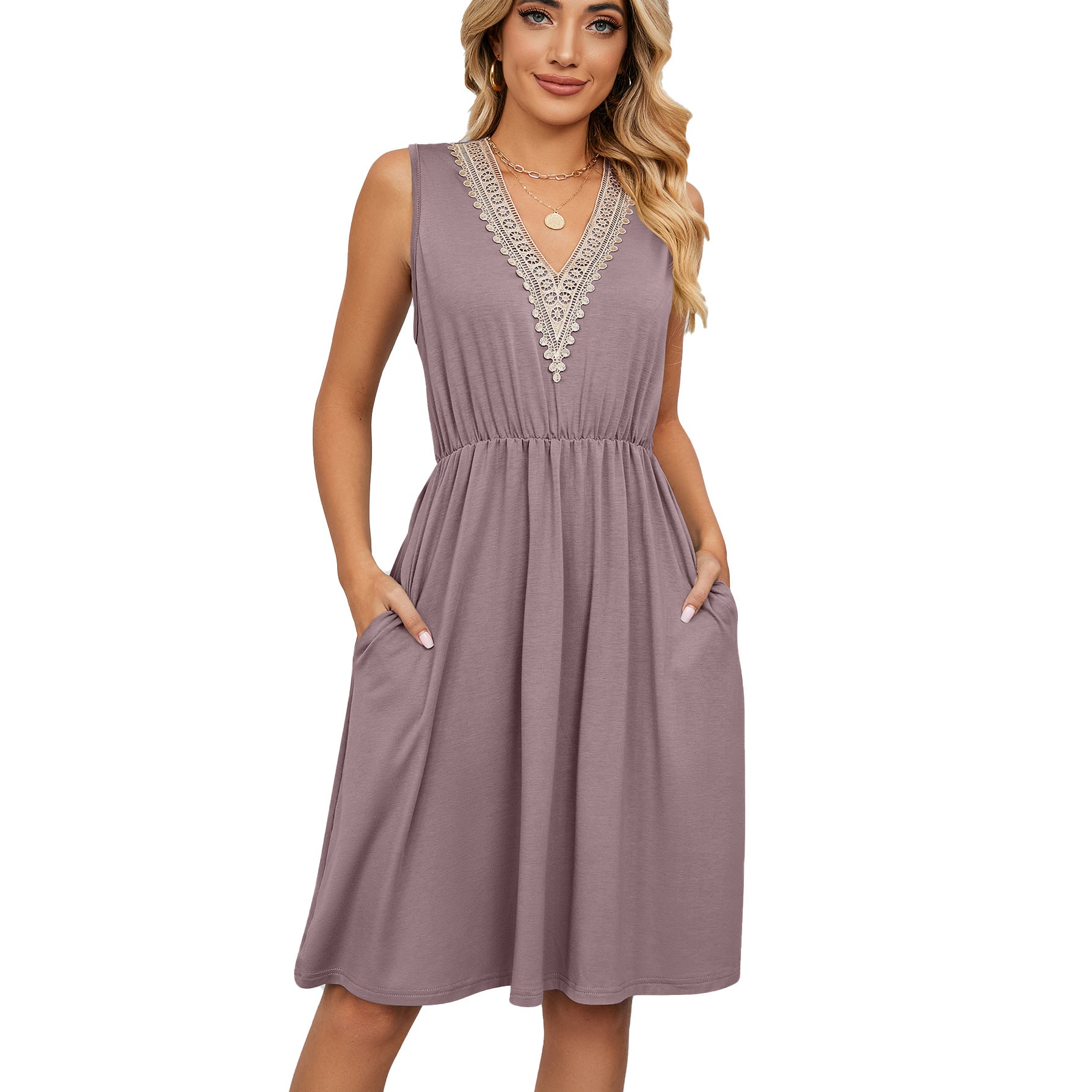 Woman wearing a sleeveless mauve knee-length dress with crochet V-neck from FashionRay