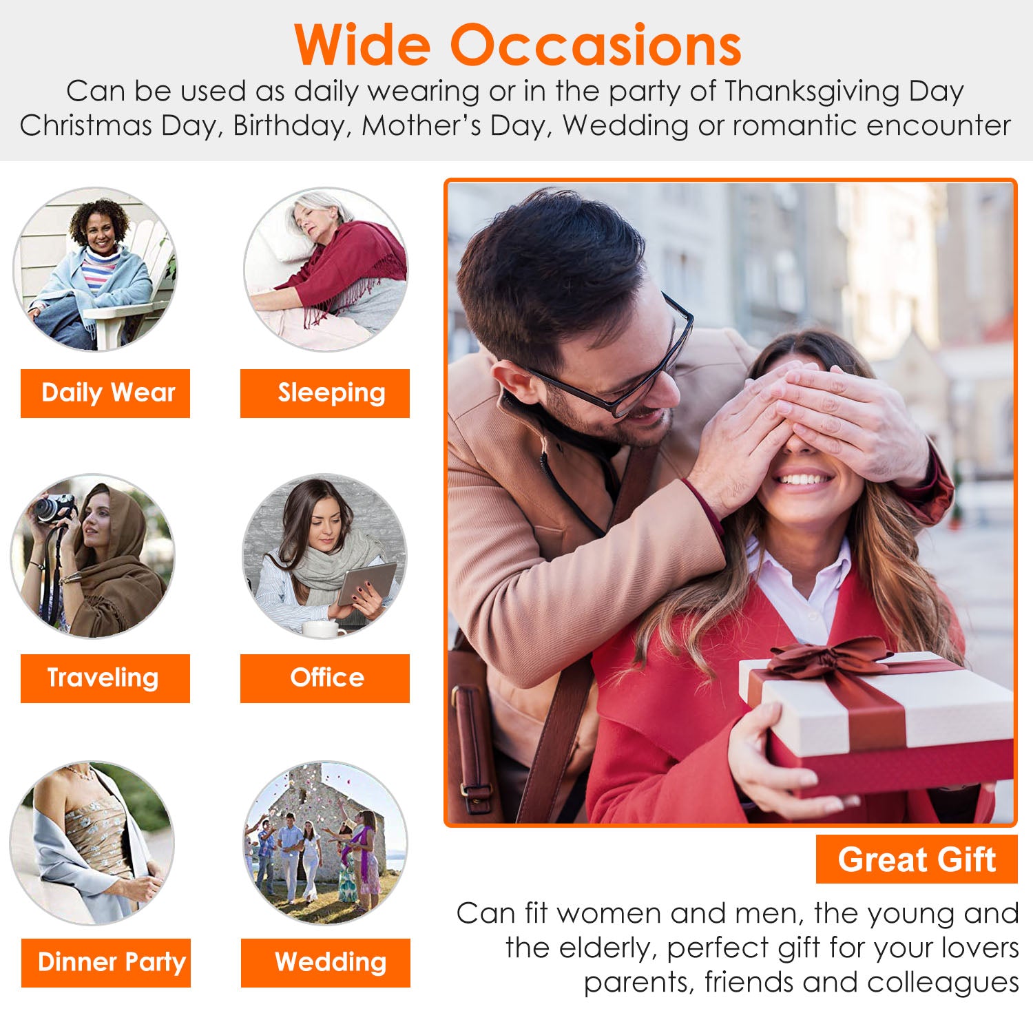 FashionRay gift occasions guide with images for daily wear, sleeping, travel, office, dinner party, and wedding, plus a couple exchanging a present.