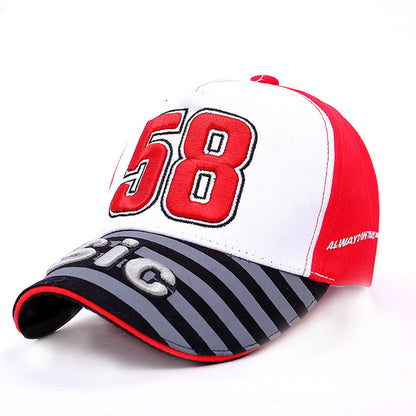 FashionRay red and white baseball cap with large 58 patch, striped brim, trendy design