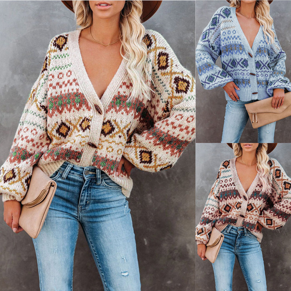 Woman modeling FashionRay patterned knit cardigans in various colors with blue jeans and clutch.