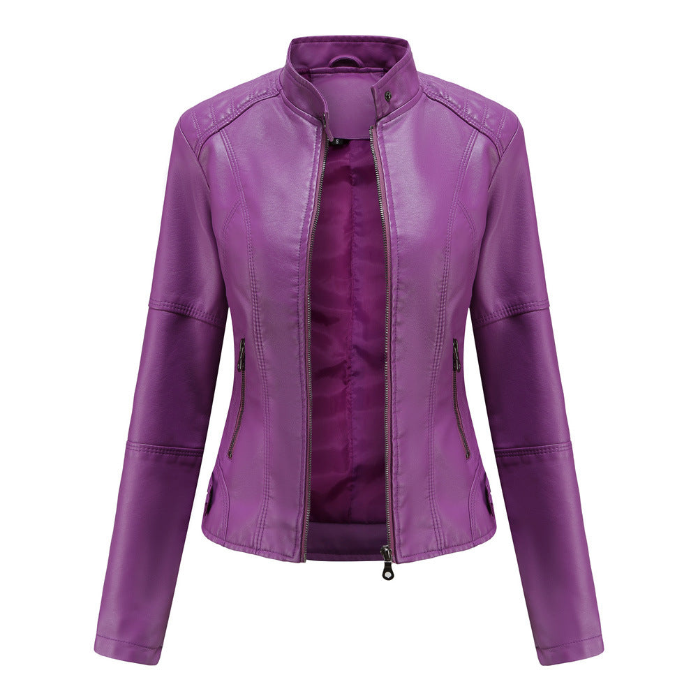 Women's purple faux leather jacket with zipper front, trendy and stylish FashionRay outerwear