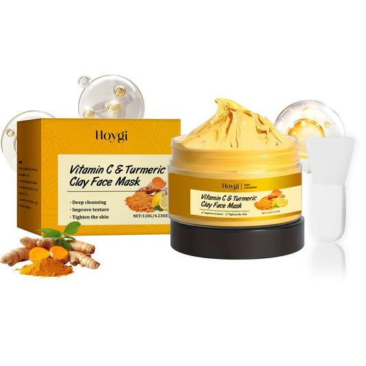Hoygi Vitamin C & Turmeric clay face mask with box, spatula, and turmeric on white background