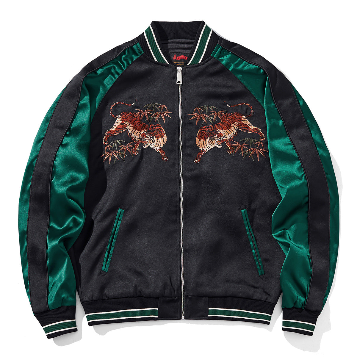 Black and green satin bomber jacket with embroidered tigers and bamboo, FashionRay streetwear