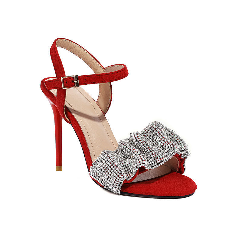 Red high heel sandal with ankle strap and rhinestone ruffle, FashionRay trendy footwear