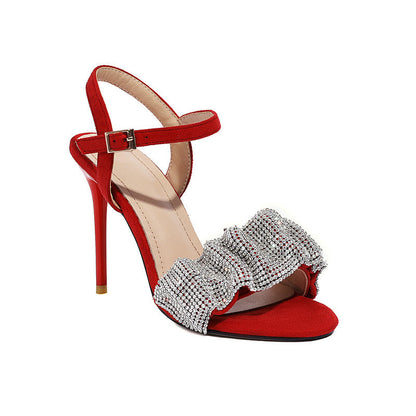 Red high heel sandal with ankle strap and rhinestone ruffle, FashionRay trendy footwear