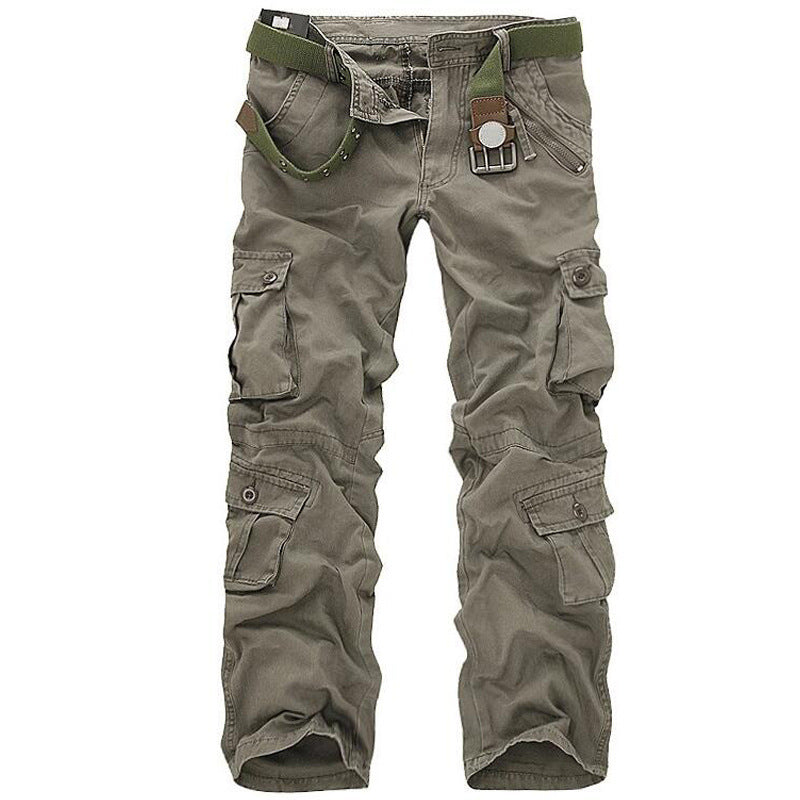 Men's olive cargo pants with belt, multiple pockets, casual fashion from FashionRay