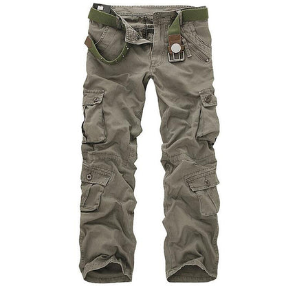 Men's olive cargo pants with belt, multiple pockets, casual fashion from FashionRay