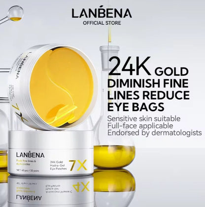 LANBENA 24K Gold Hydra-Gel Eye Patches product display with skincare benefits text.