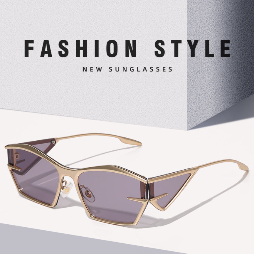 Trendy geometric sunglasses with gold frames and purple lenses on a minimalist surface, FashionRay