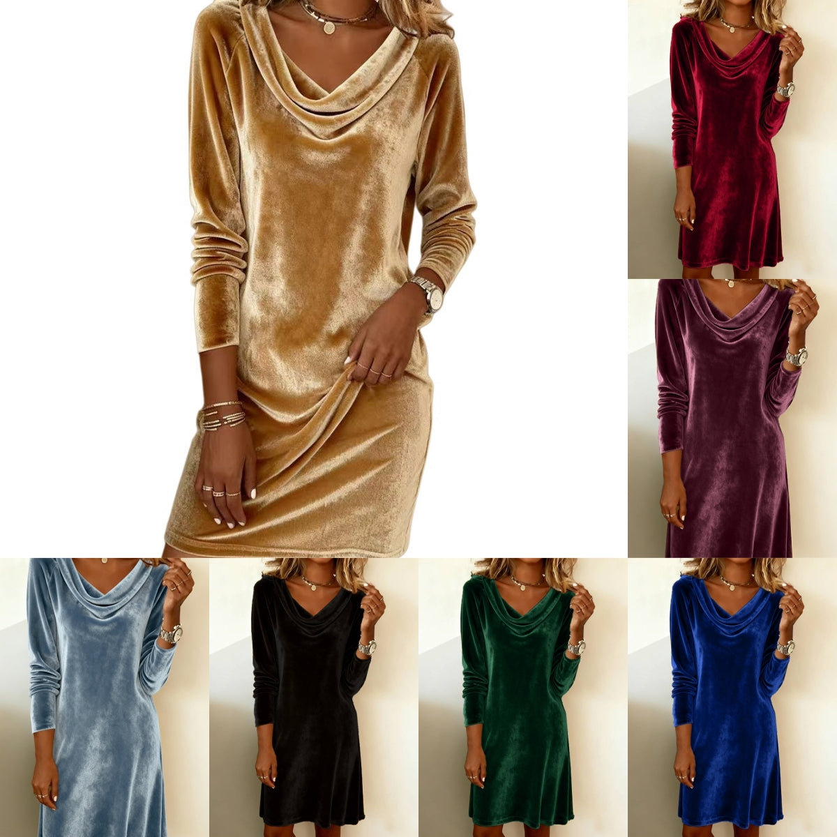 Woman modeling cowl neck velvet mini dress in seven colors for FashionRay trendy collection