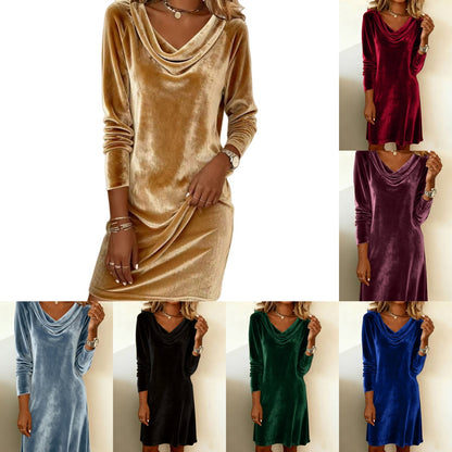 Woman modeling cowl neck velvet mini dress in seven colors for FashionRay trendy collection