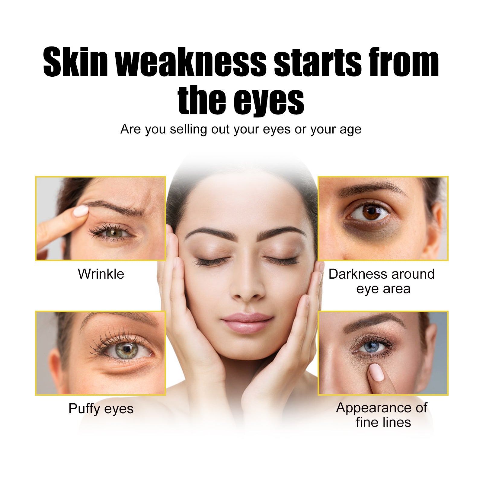 Woman showing skincare concerns around eyes, including wrinkles, puffiness, dark circles, and fine lines