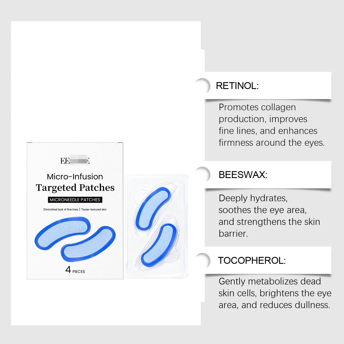 Micro-infusion targeted microneedle eye patches with retinol, beeswax, and tocopherol benefits