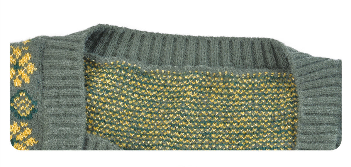 Close-up of a green knit sweater collar with yellow pattern, cozy fashion by FashionRay