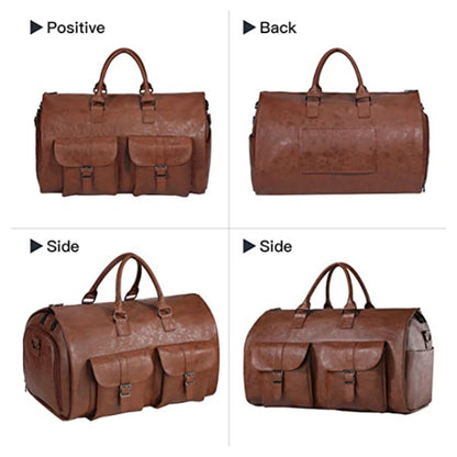 Brown leather duffle bag with front pockets and handles shown from multiple angles