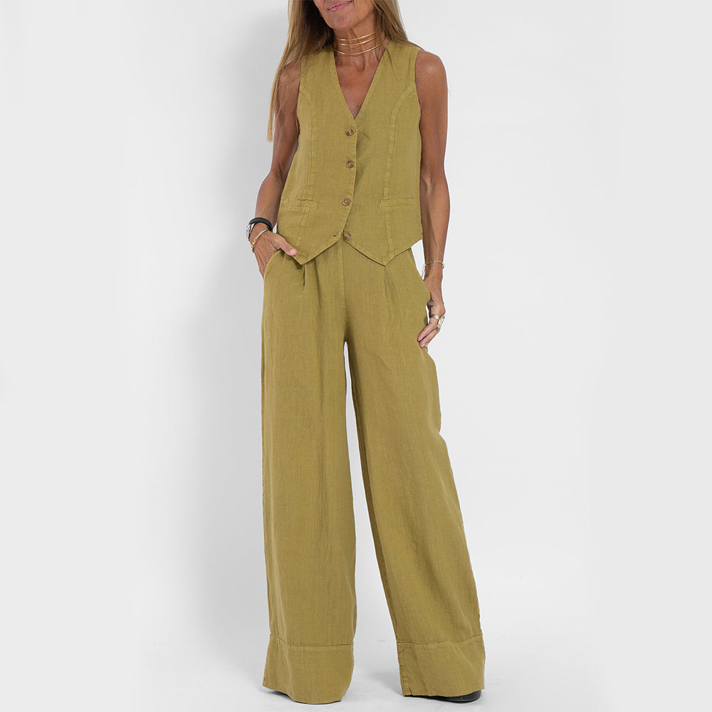 Woman in olive green vest and wide-leg pants set, stylish and comfortable FashionRay outfit