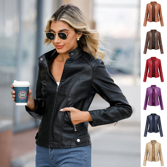 FashionRay trendy women’s faux leather jacket in black with six color options, outdoor style