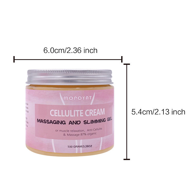 Cellulite cream massaging and slimming gel jar with size details, FashionRay skincare