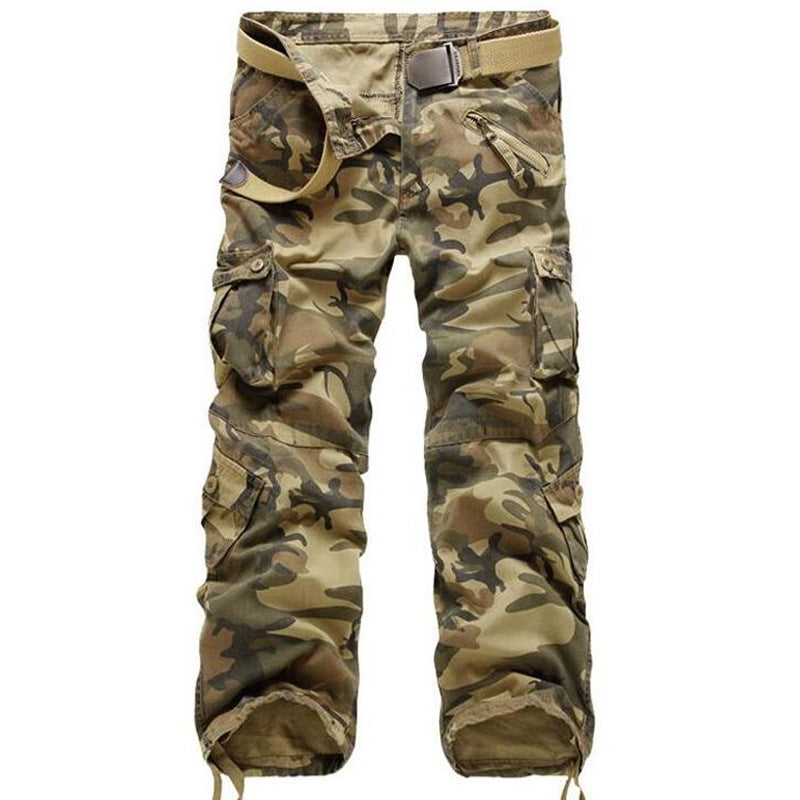 Men’s camouflage cargo pants with multiple pockets and a belt, FashionRay trendy style