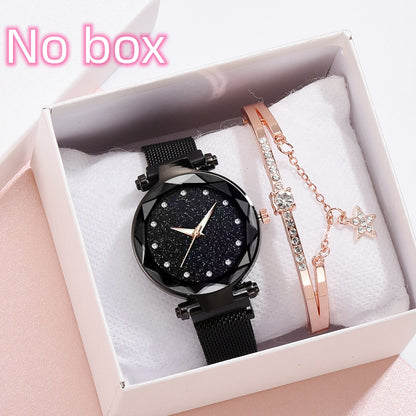 Black starry watch with diamond accents and rose gold bracelet set in FashionRay display box