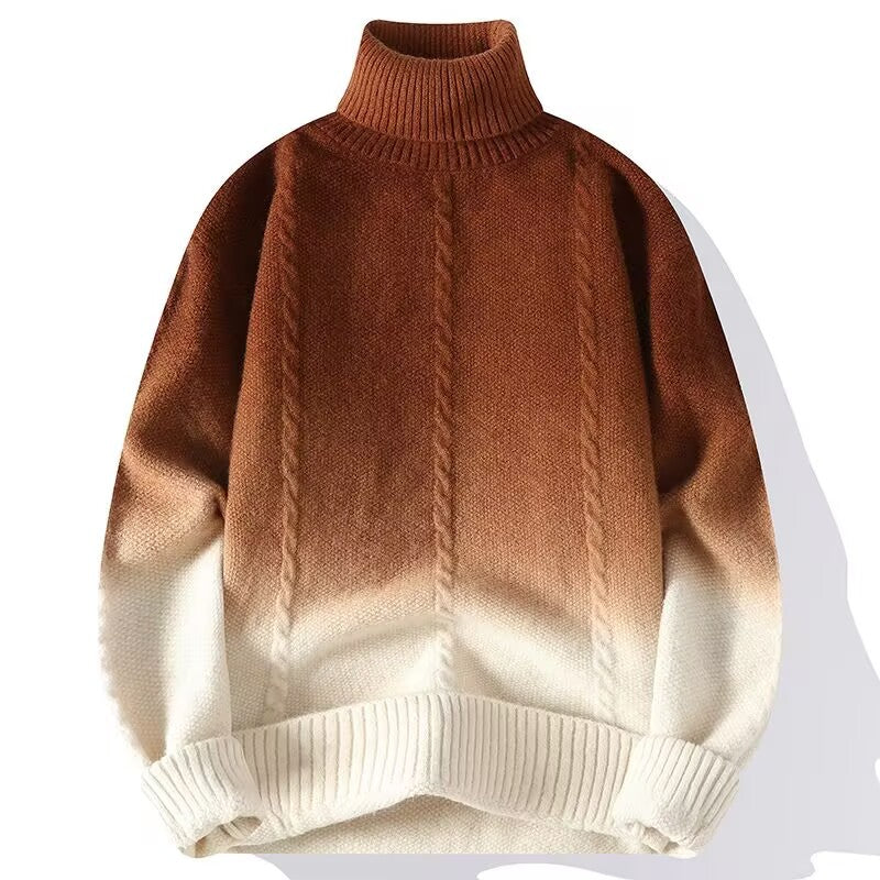 Brown and cream gradient turtleneck sweater with cable knit design from FashionRay