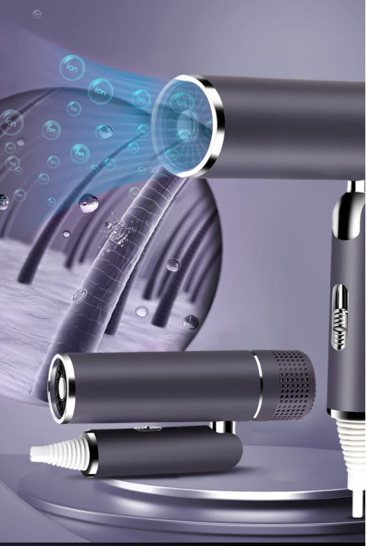 Sleek black ionic hair dryer emitting ions onto hair follicles, showcasing advanced hair care technology, FashionRay