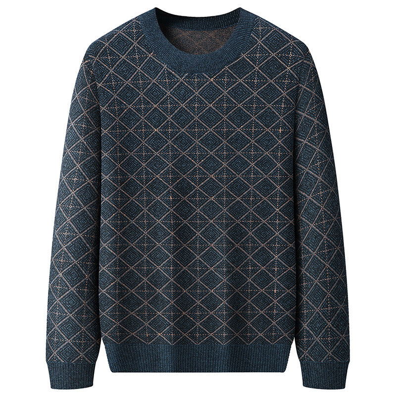 Men's dark blue geometric diamond knit sweater, stylish comfy pullover from FashionRay