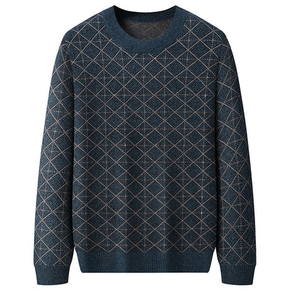 Men's dark blue geometric diamond knit sweater, stylish comfy pullover from FashionRay