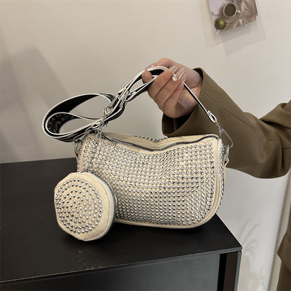 Beige rhinestone studded shoulder bag and coin purse, trendy fashion accessory from FashionRay.
