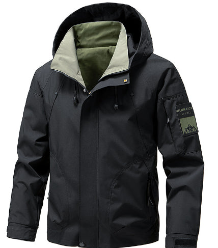 Men's black hooded jacket with green inner lining, trendy outdoor fashion at FashionRay