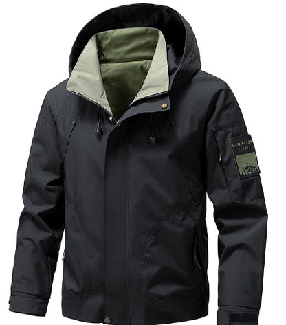 Men's black hooded jacket with green inner lining, trendy outdoor fashion at FashionRay